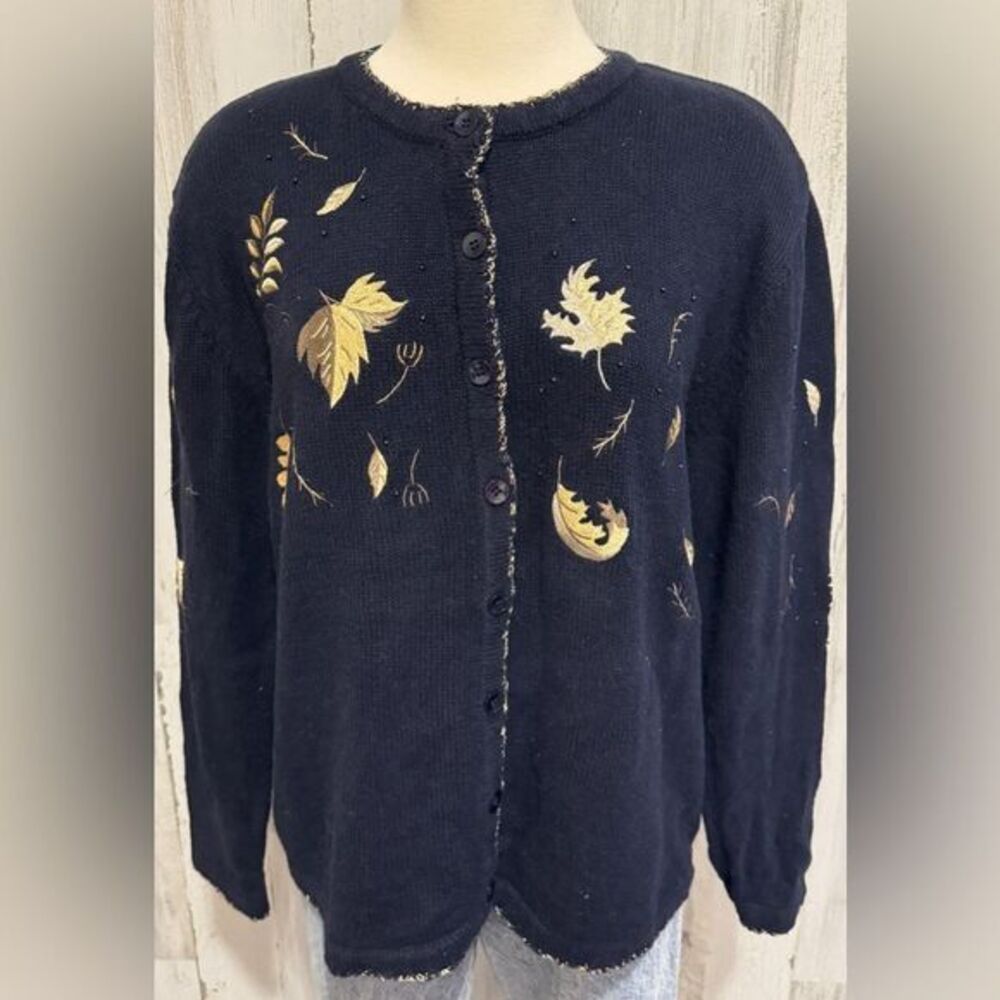 Vintage Navy Cardigan with Gold Leaf Accents